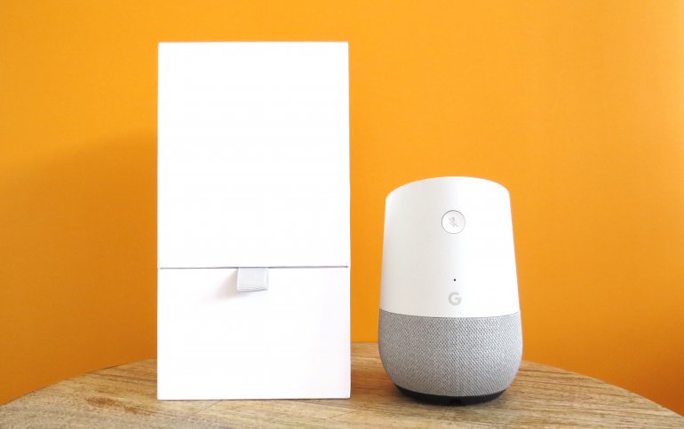 The Google Home comes in a white box with a flip up top | The Master Switch